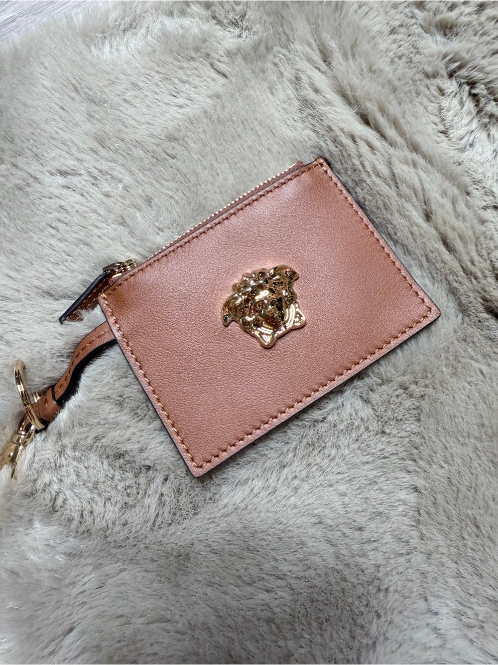 Versace Rose-Tan Leather Card Holder with Gold Medusa